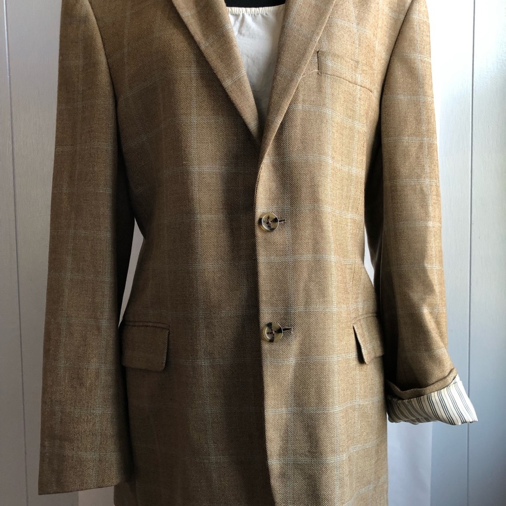 Burberry Plaid Tan Windowpane Wool Blazer